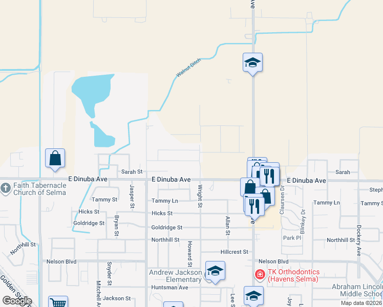 map of restaurants, bars, coffee shops, grocery stores, and more near 2363 Sierra View Street in Selma