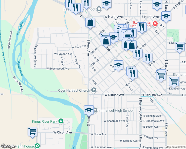 map of restaurants, bars, coffee shops, grocery stores, and more near 2225 11th St in Reedley