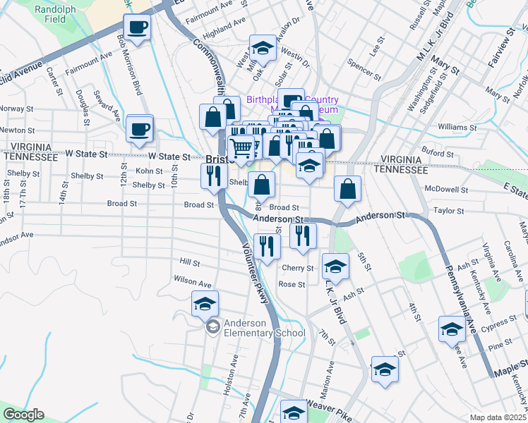 map of restaurants, bars, coffee shops, grocery stores, and more near 777 Anderson Street in Bristol