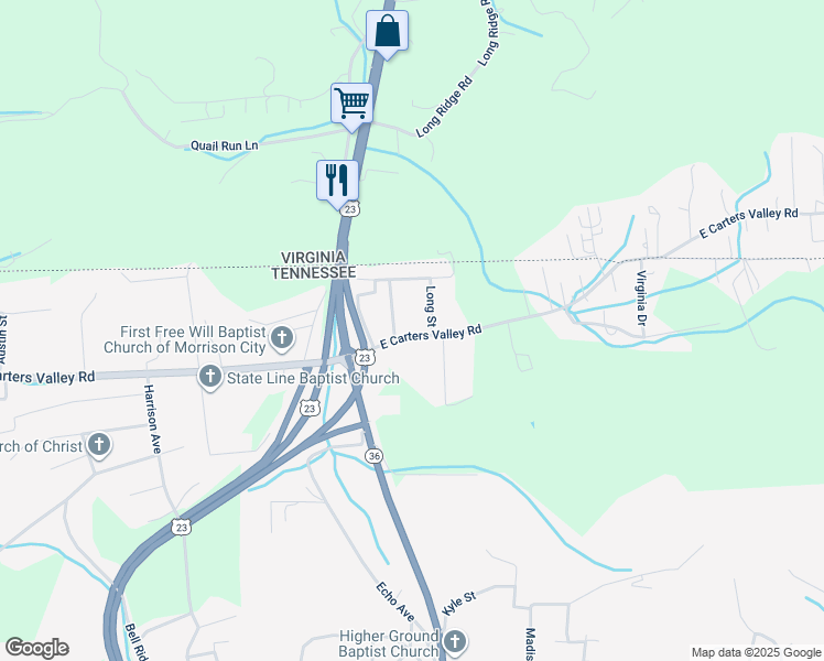 map of restaurants, bars, coffee shops, grocery stores, and more near 159 East Carters Valley Road in Kingsport