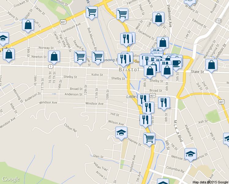 map of restaurants, bars, coffee shops, grocery stores, and more near 924 Anderson Street in Bristol
