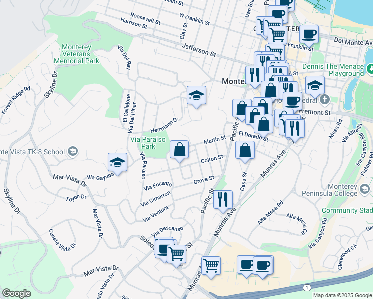 map of restaurants, bars, coffee shops, grocery stores, and more near 701 Martin Street in Monterey