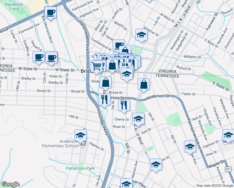map of restaurants, bars, coffee shops, grocery stores, and more near 630 Broad Street in Bristol