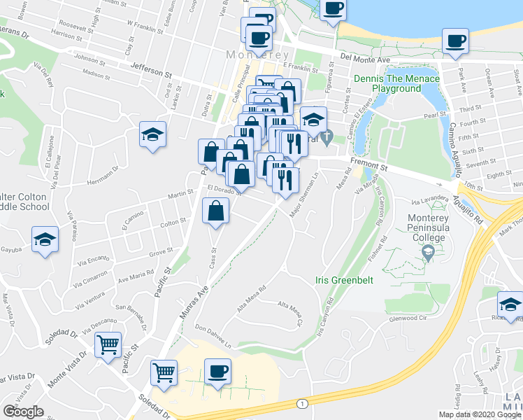 map of restaurants, bars, coffee shops, grocery stores, and more near 936 Munras Avenue in Monterey