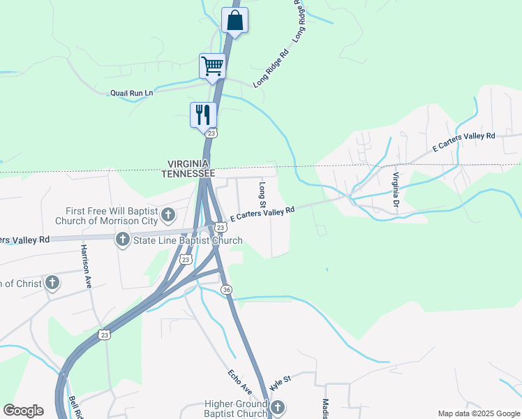 map of restaurants, bars, coffee shops, grocery stores, and more near 159 East Carters Valley Road in Kingsport