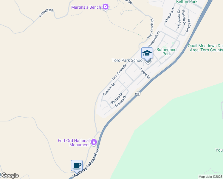 map of restaurants, bars, coffee shops, grocery stores, and more near 22985 Guidotti Drive in Salinas