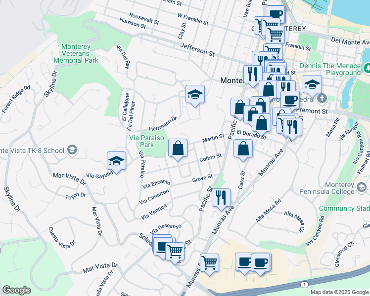 map of restaurants, bars, coffee shops, grocery stores, and more near 701 Martin Street in Monterey