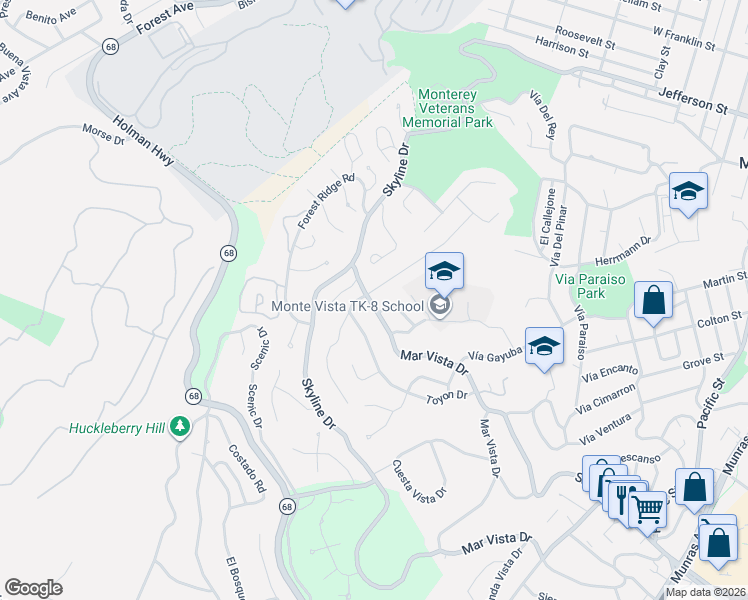 map of restaurants, bars, coffee shops, grocery stores, and more near 621 Dry Creek Road in Monterey