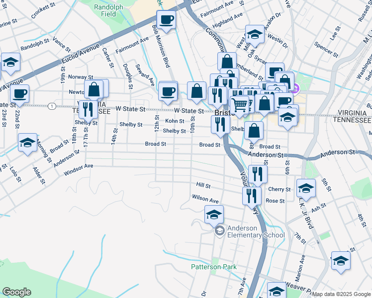map of restaurants, bars, coffee shops, grocery stores, and more near 1011 Anderson Street in Bristol