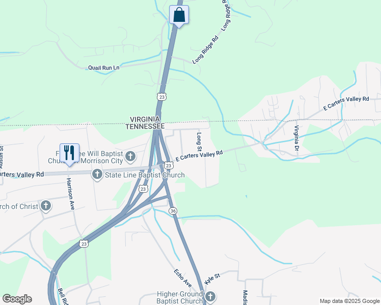 map of restaurants, bars, coffee shops, grocery stores, and more near 159 East Carters Valley Road in Kingsport