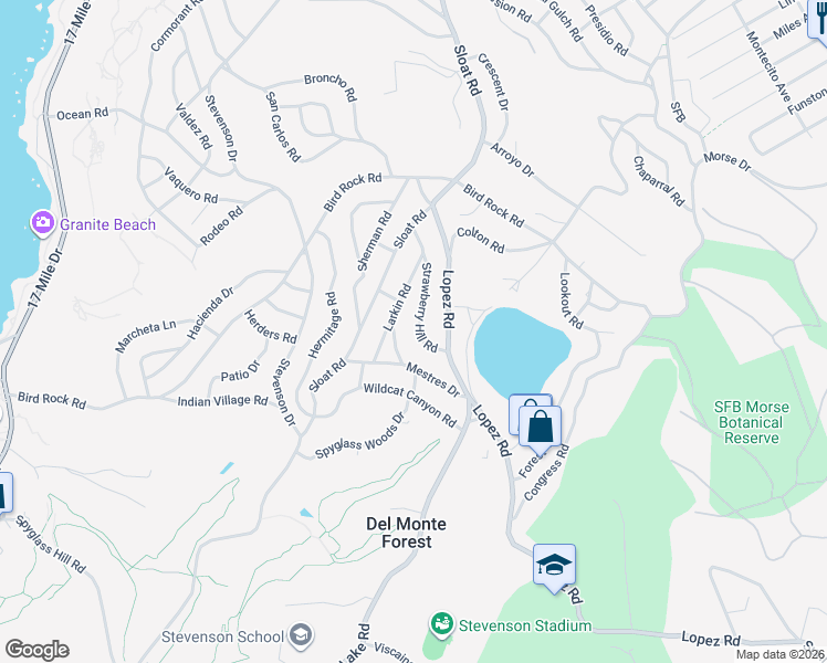 map of restaurants, bars, coffee shops, grocery stores, and more near 3066 Strawberry Hill Road in Del Monte Forest