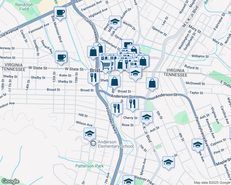 map of restaurants, bars, coffee shops, grocery stores, and more near 777 Anderson Street in Bristol