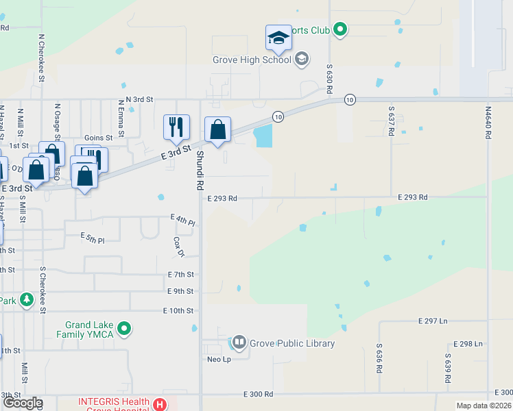 map of restaurants, bars, coffee shops, grocery stores, and more near 29302 South 632 Lane in Grove