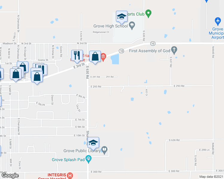 map of restaurants, bars, coffee shops, grocery stores, and more near 29302 South 632 Lane in Grove