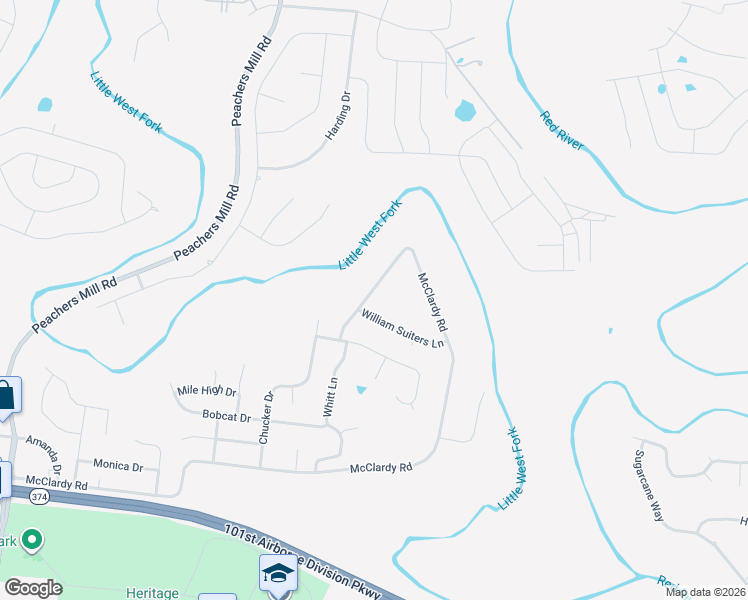 map of restaurants, bars, coffee shops, grocery stores, and more near 1479 McClardy Road in Clarksville