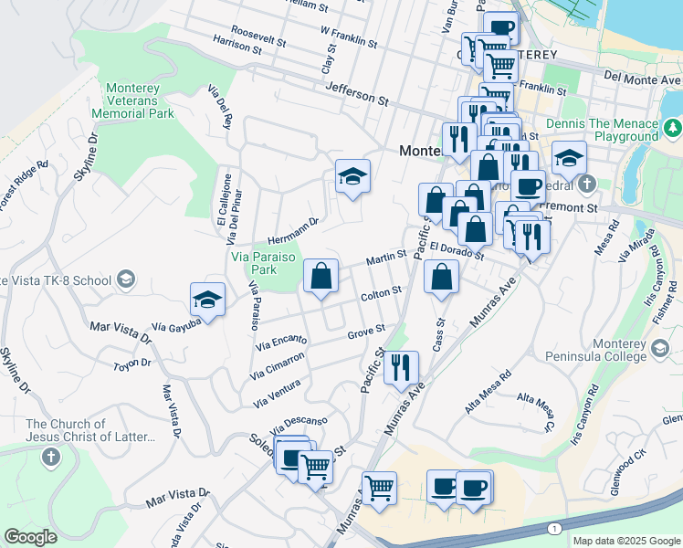map of restaurants, bars, coffee shops, grocery stores, and more near 701 Martin Street in Monterey