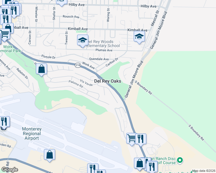 map of restaurants, bars, coffee shops, grocery stores, and more near 17 Los Encinos Drive in Del Rey Oaks