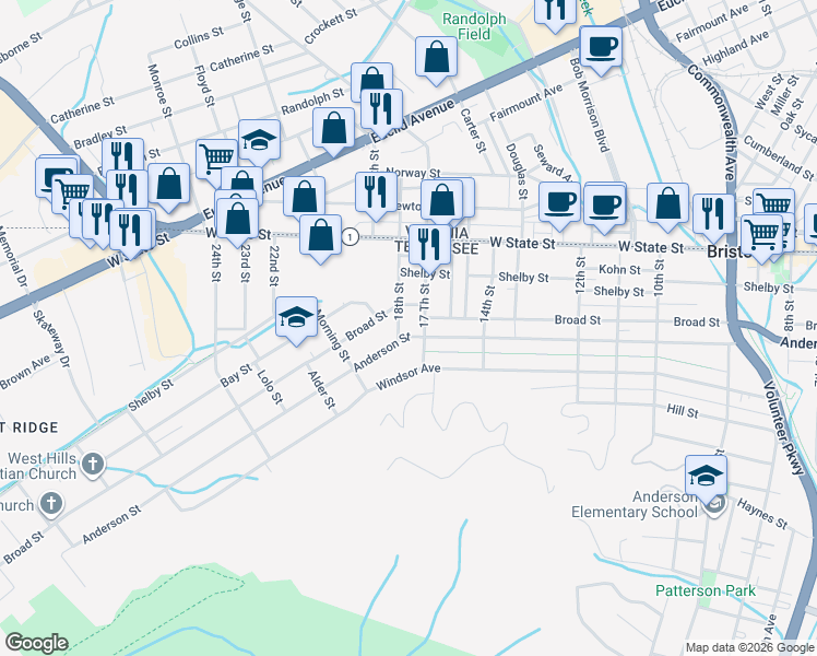 map of restaurants, bars, coffee shops, grocery stores, and more near 1713 Anderson St in Bristol
