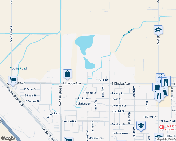 map of restaurants, bars, coffee shops, grocery stores, and more near 2640 Sierra View Street in Selma
