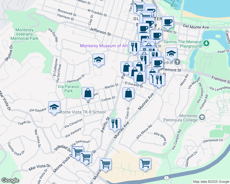 map of restaurants, bars, coffee shops, grocery stores, and more near 880 Lomita Street in Monterey