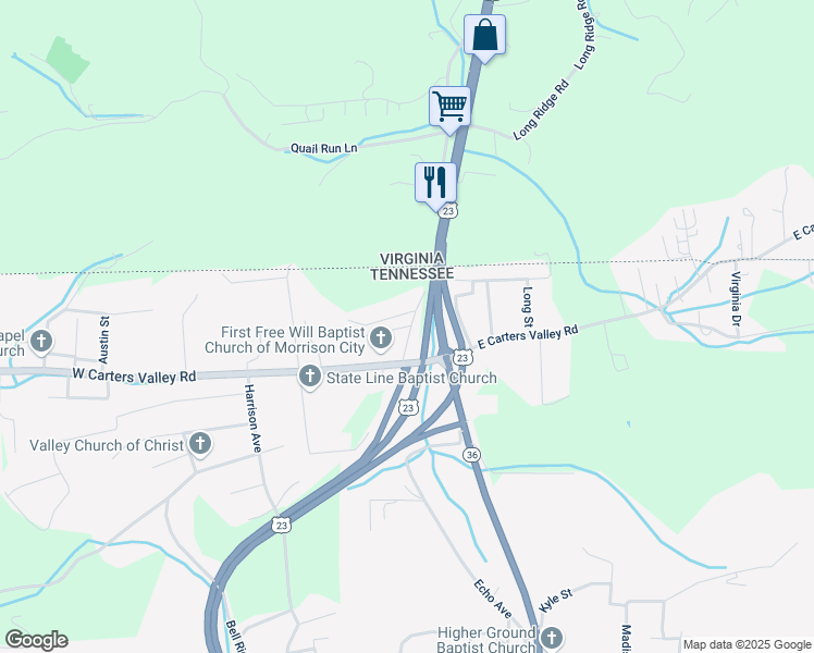 map of restaurants, bars, coffee shops, grocery stores, and more near 2016 Tenneva Street in Kingsport
