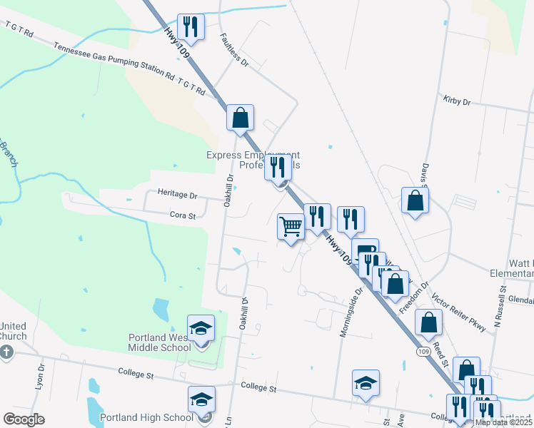 map of restaurants, bars, coffee shops, grocery stores, and more near 109 B Gayla Court in Portland
