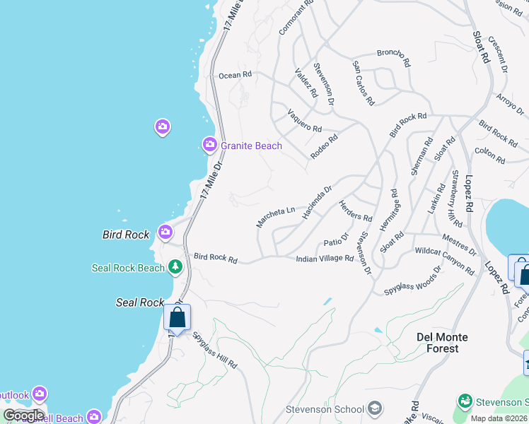 map of restaurants, bars, coffee shops, grocery stores, and more near 1051 Marcheta Lane in Del Monte Forest