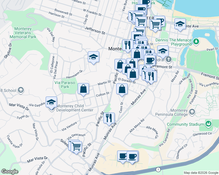 map of restaurants, bars, coffee shops, grocery stores, and more near 880 Lomita Street in Monterey
