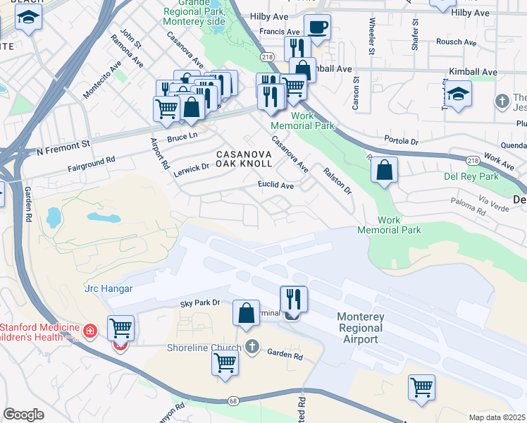map of restaurants, bars, coffee shops, grocery stores, and more near 1110 Airport Road in Monterey