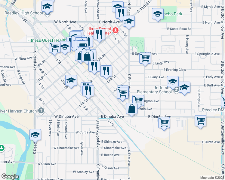 map of restaurants, bars, coffee shops, grocery stores, and more near 1643 15th Street in Reedley