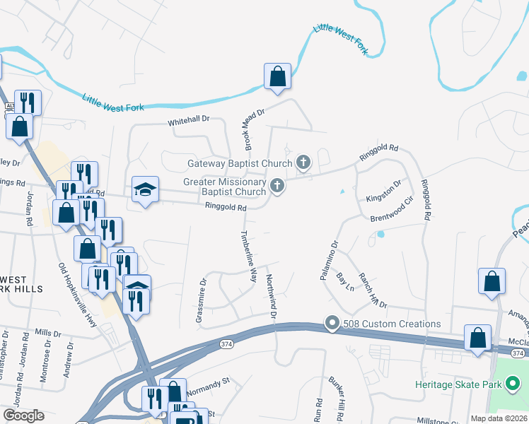 map of restaurants, bars, coffee shops, grocery stores, and more near 430 Ringgold Road in Clarksville
