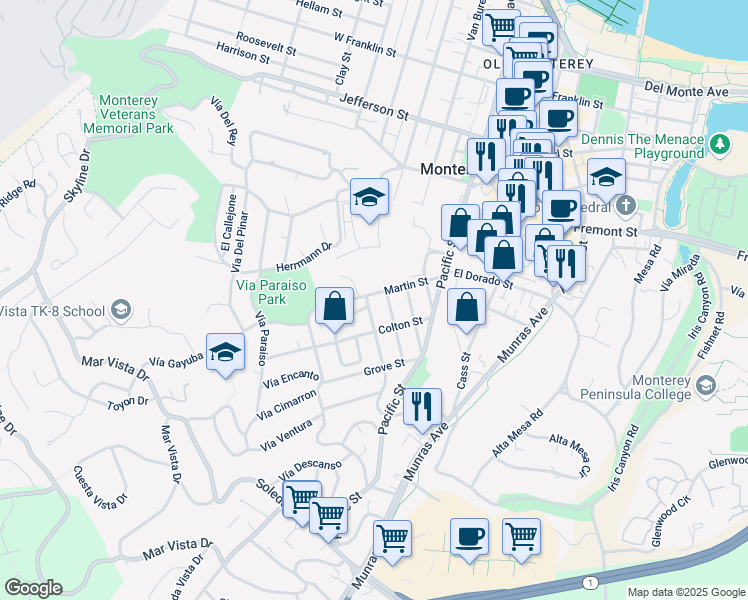 map of restaurants, bars, coffee shops, grocery stores, and more near 811 Alameda Street in Monterey