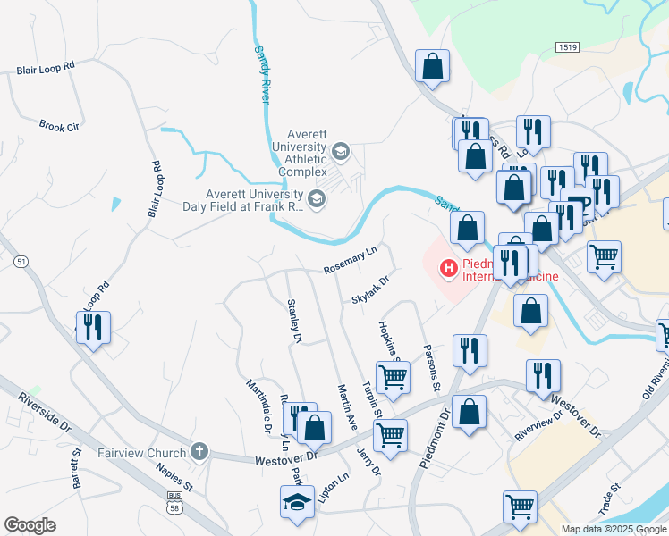 map of restaurants, bars, coffee shops, grocery stores, and more near 398 Turpin St in Danville