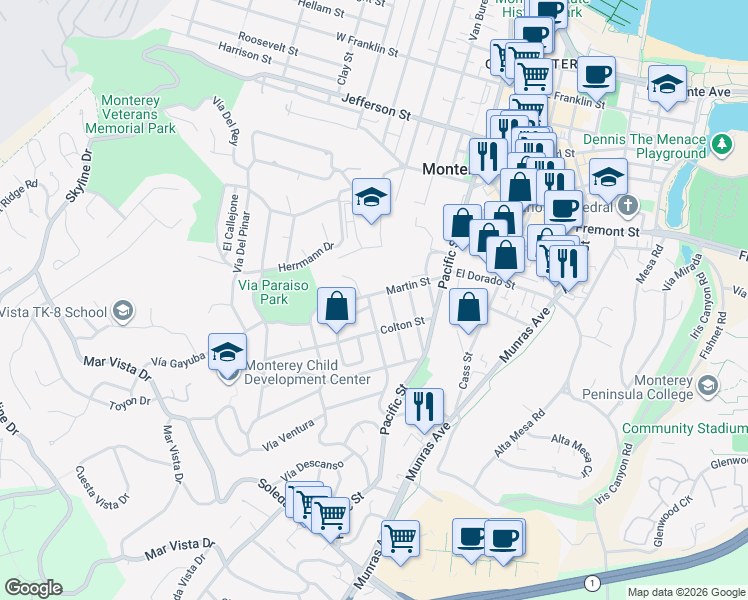 map of restaurants, bars, coffee shops, grocery stores, and more near 811 Alameda Street in Monterey