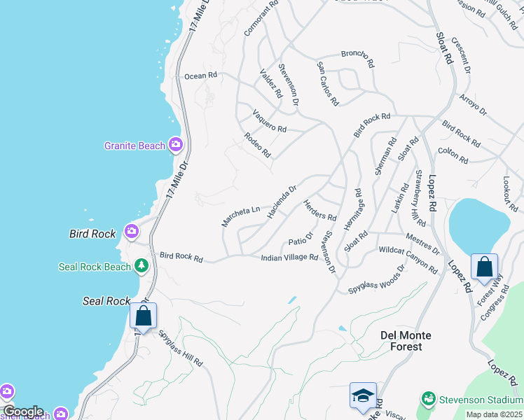 map of restaurants, bars, coffee shops, grocery stores, and more near 3136 Hacienda Drive in Del Monte Forest