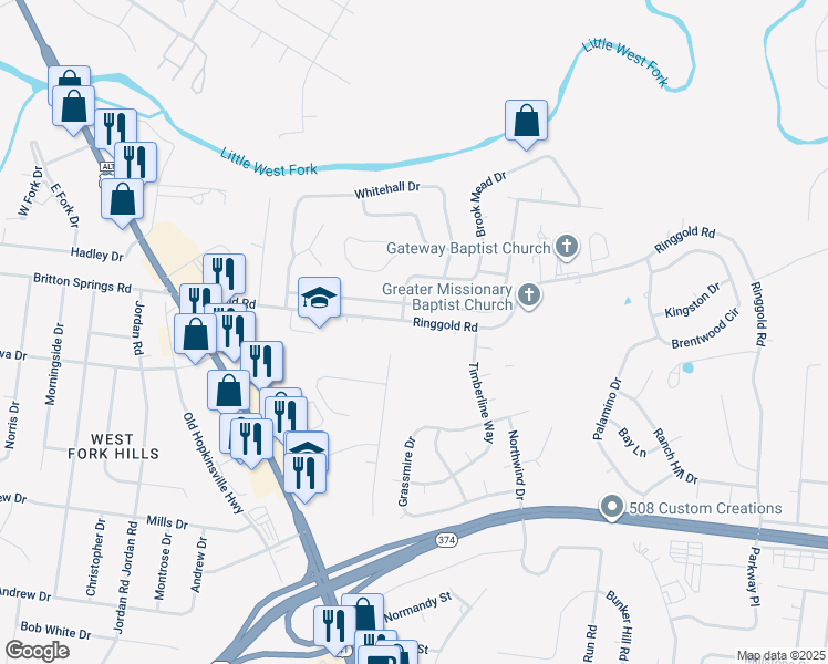 map of restaurants, bars, coffee shops, grocery stores, and more near 300 Ringgold Road in Clarksville