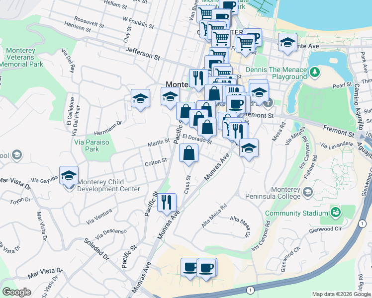 map of restaurants, bars, coffee shops, grocery stores, and more near 7 Vía Joaquin in Monterey