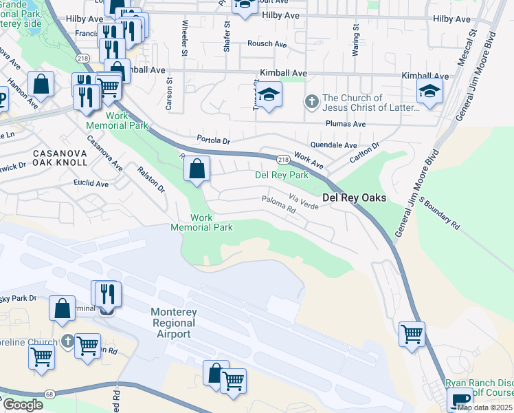map of restaurants, bars, coffee shops, grocery stores, and more near 1001 Rosita Road in Del Rey Oaks