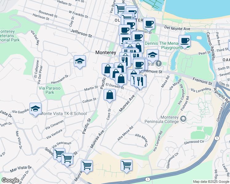 map of restaurants, bars, coffee shops, grocery stores, and more near 950 Cass Street in Monterey