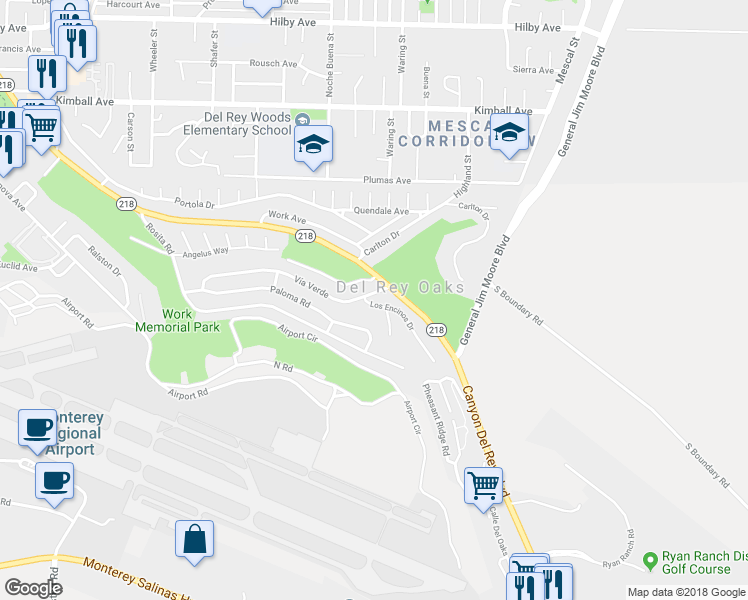 map of restaurants, bars, coffee shops, grocery stores, and more near 3 Los Encinos Drive in Monterey