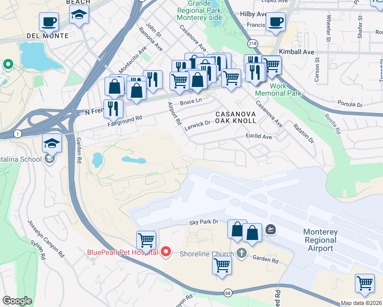 map of restaurants, bars, coffee shops, grocery stores, and more near 10 Lilac Street in Monterey