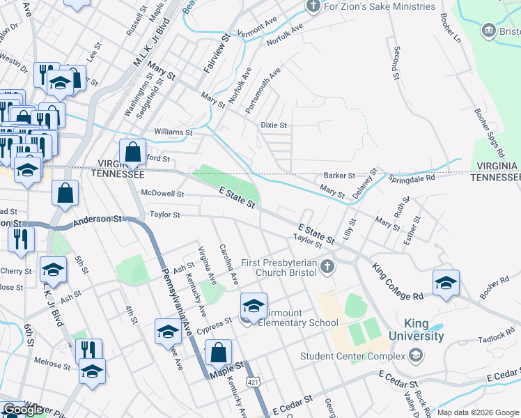 map of restaurants, bars, coffee shops, grocery stores, and more near 301 Georgia Avenue in Bristol