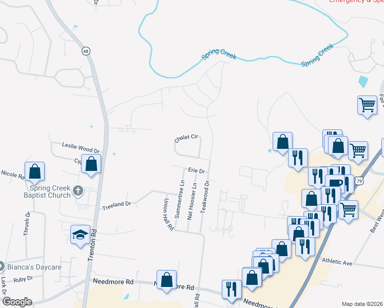 map of restaurants, bars, coffee shops, grocery stores, and more near 318 Chalet Circle in Clarksville