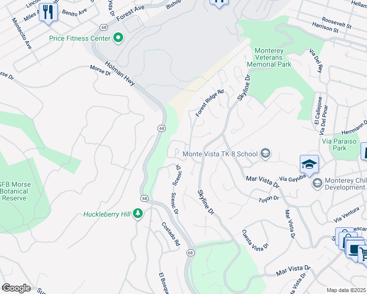 map of restaurants, bars, coffee shops, grocery stores, and more near 1 Skyline Crest in Monterey
