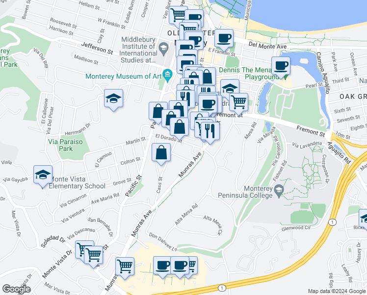 map of restaurants, bars, coffee shops, grocery stores, and more near 975 Cass Street in Monterey