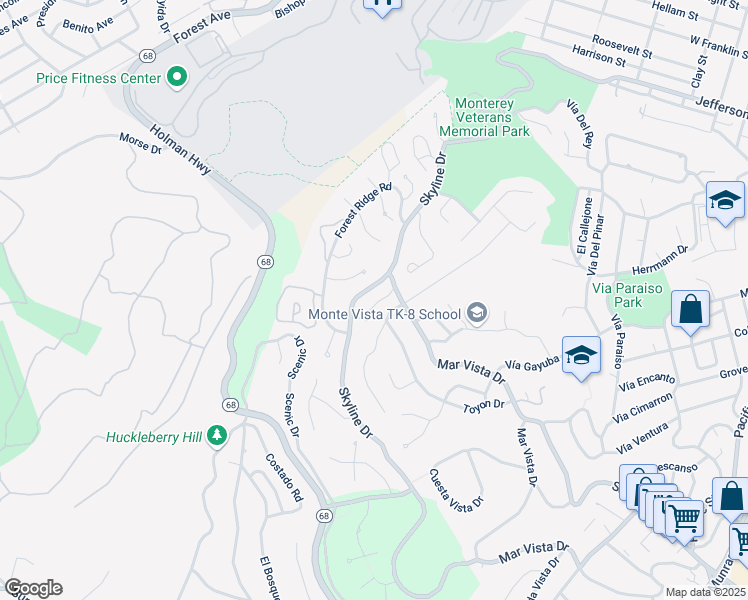 map of restaurants, bars, coffee shops, grocery stores, and more near 1501 Skyline Drive in Monterey