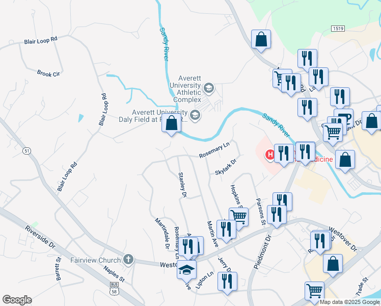 map of restaurants, bars, coffee shops, grocery stores, and more near 369 Martin Avenue in Danville