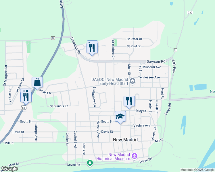 map of restaurants, bars, coffee shops, grocery stores, and more near 725 Pinnell Lane in New Madrid