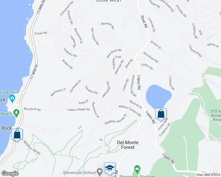 map of restaurants, bars, coffee shops, grocery stores, and more near 3101 Hermitage Road in Del Monte Forest