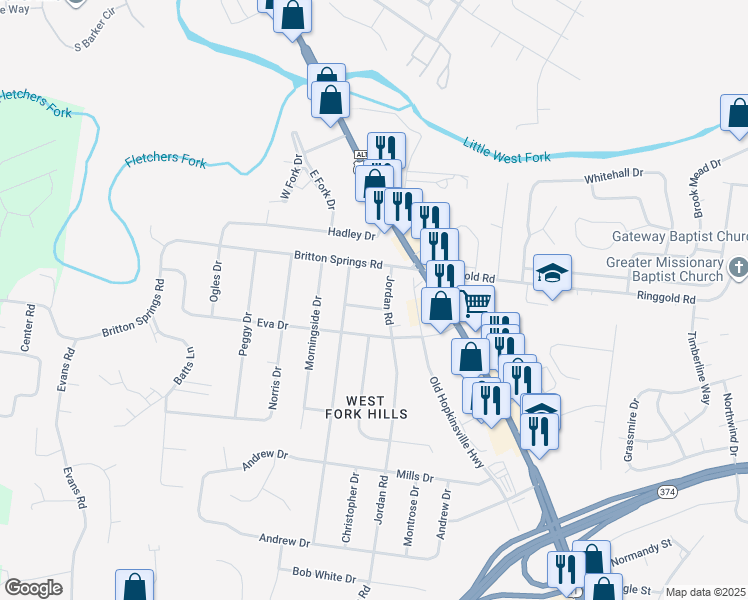 map of restaurants, bars, coffee shops, grocery stores, and more near 204 Whitfield Drive in Clarksville